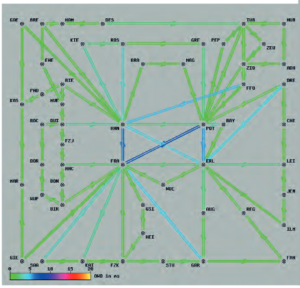 HADES Weathermap zwecks Darstellung des One-Way Delays im X-WiN mit Supercore Frankfurt-Hannover-Potsdam-Erlangen