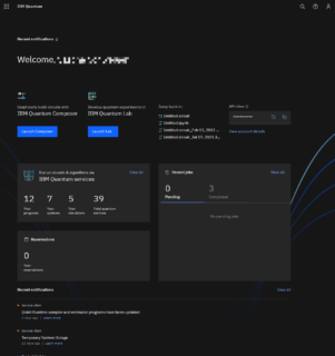 Das Dashboard ist die zentrale Anlaufstelle für die Navigation zu Composer und Quantum Lab und bietet eine erste quantitative Übersicht erstellter Schaltungen und laufender bzw. abgeschlossener Jobs.