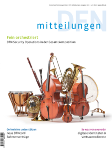 Cover of the 104th 'DFN Mitteilungen'. Several musical instruments are shown.